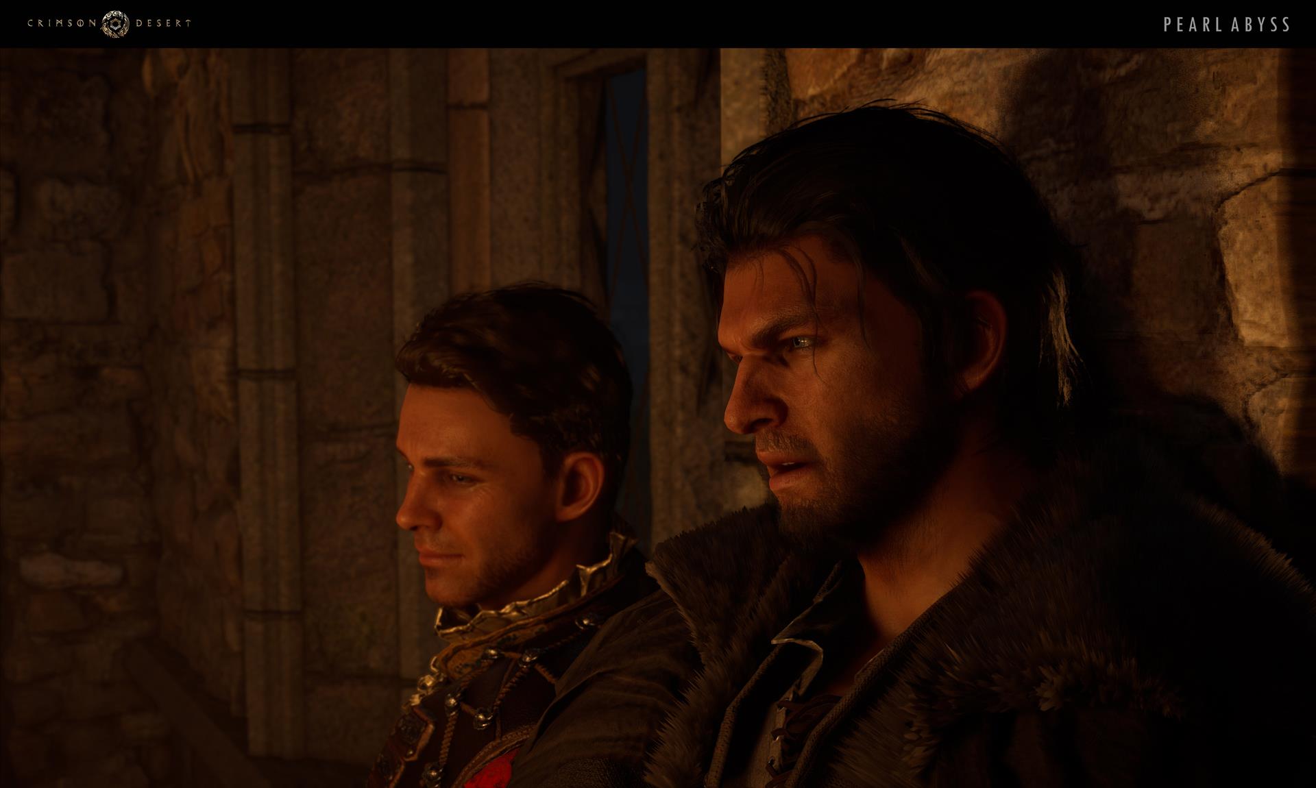 Due personaggi di Crimson Desert in una stanza illuminata da torce