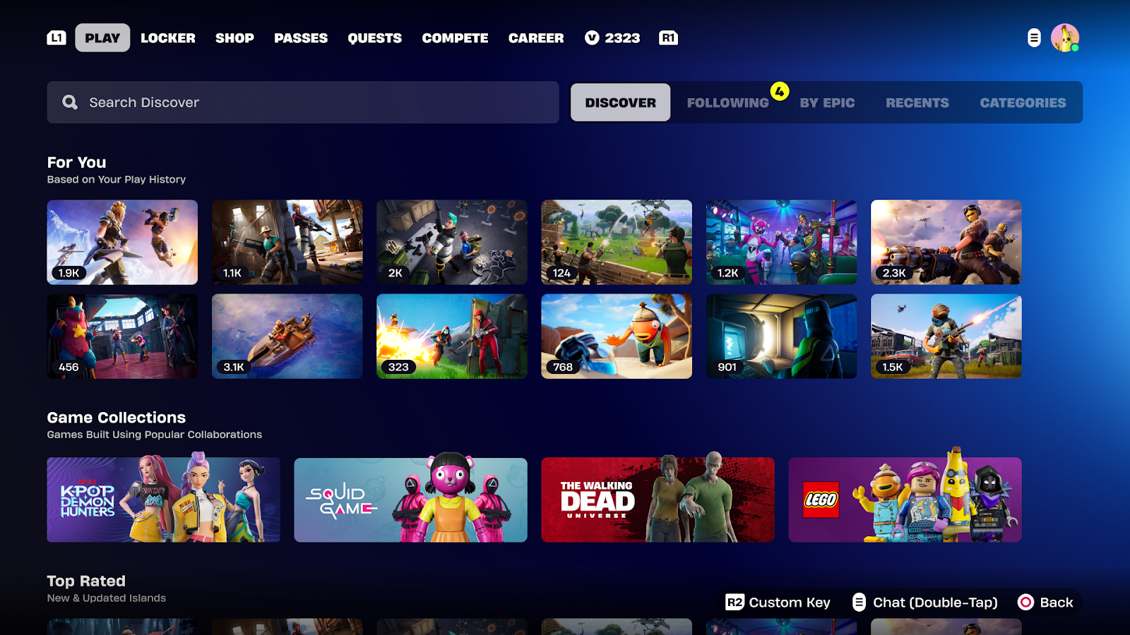Schermata di Fortnite Scopri con barra di ricerca e isole