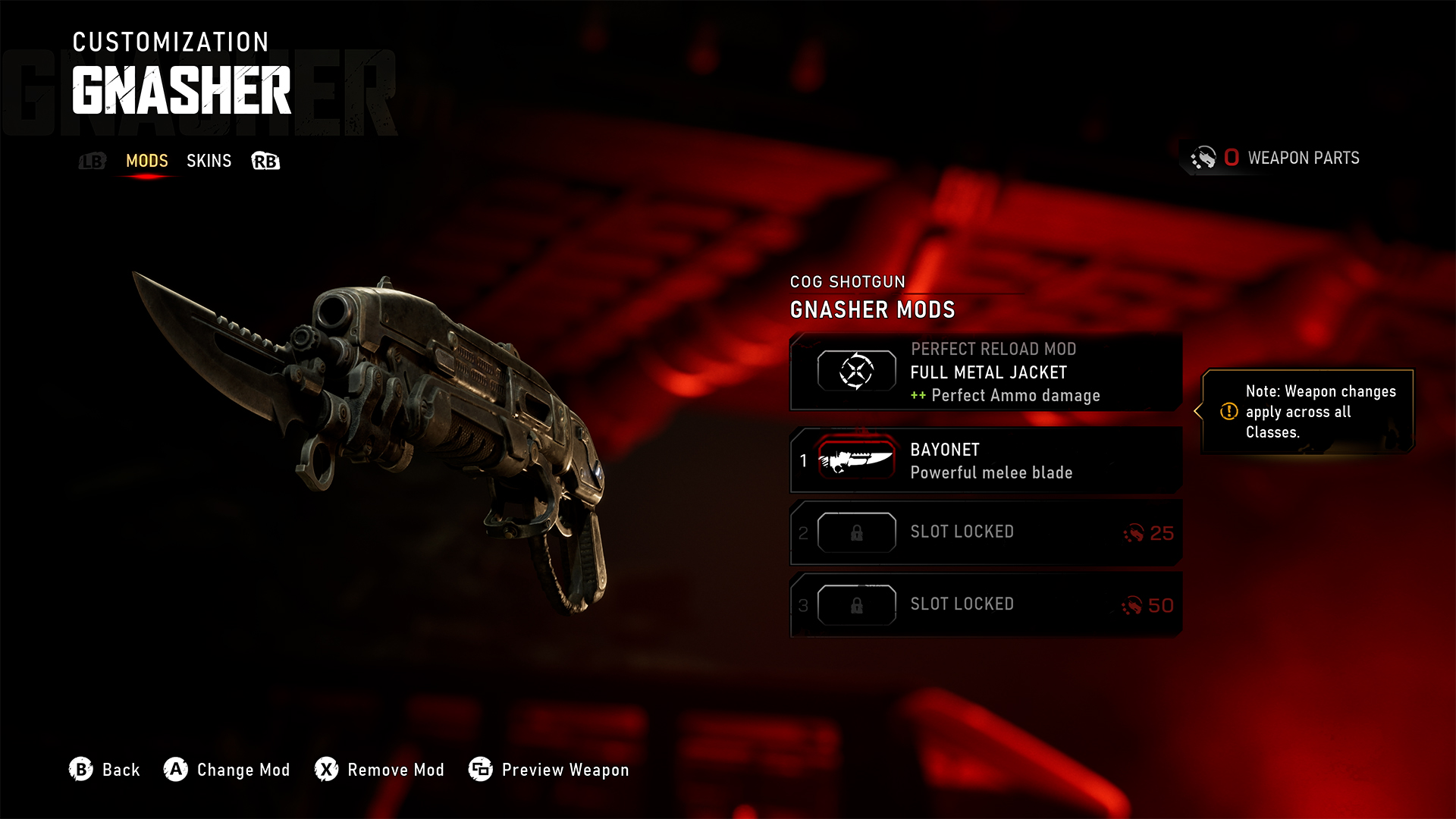 Schermata delle modifiche del Gnasher in Gears of War: E-Day