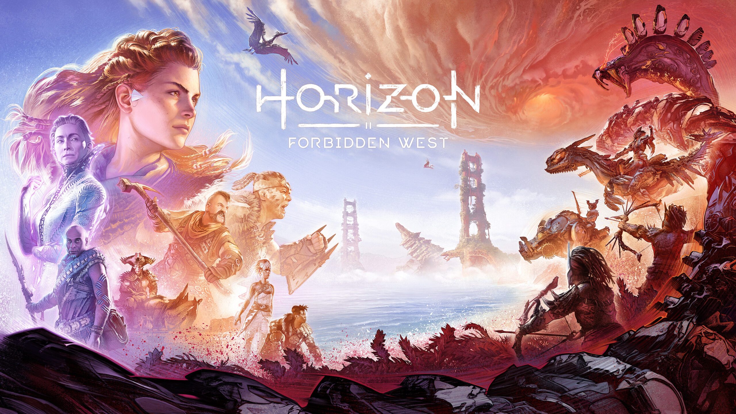 Illustrazione ufficiale Horizon Forbidden West con Aloy e i personaggi della storia