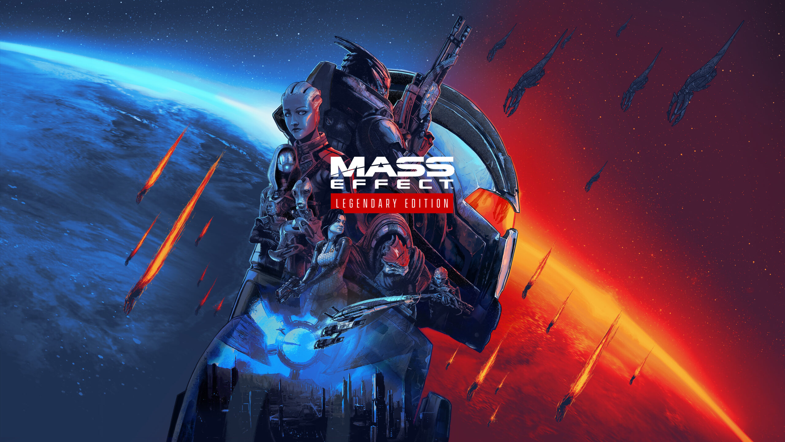 Illustrazione ufficiale di Mass Effect Legendary Edition con Shepard, compagni e astronavi