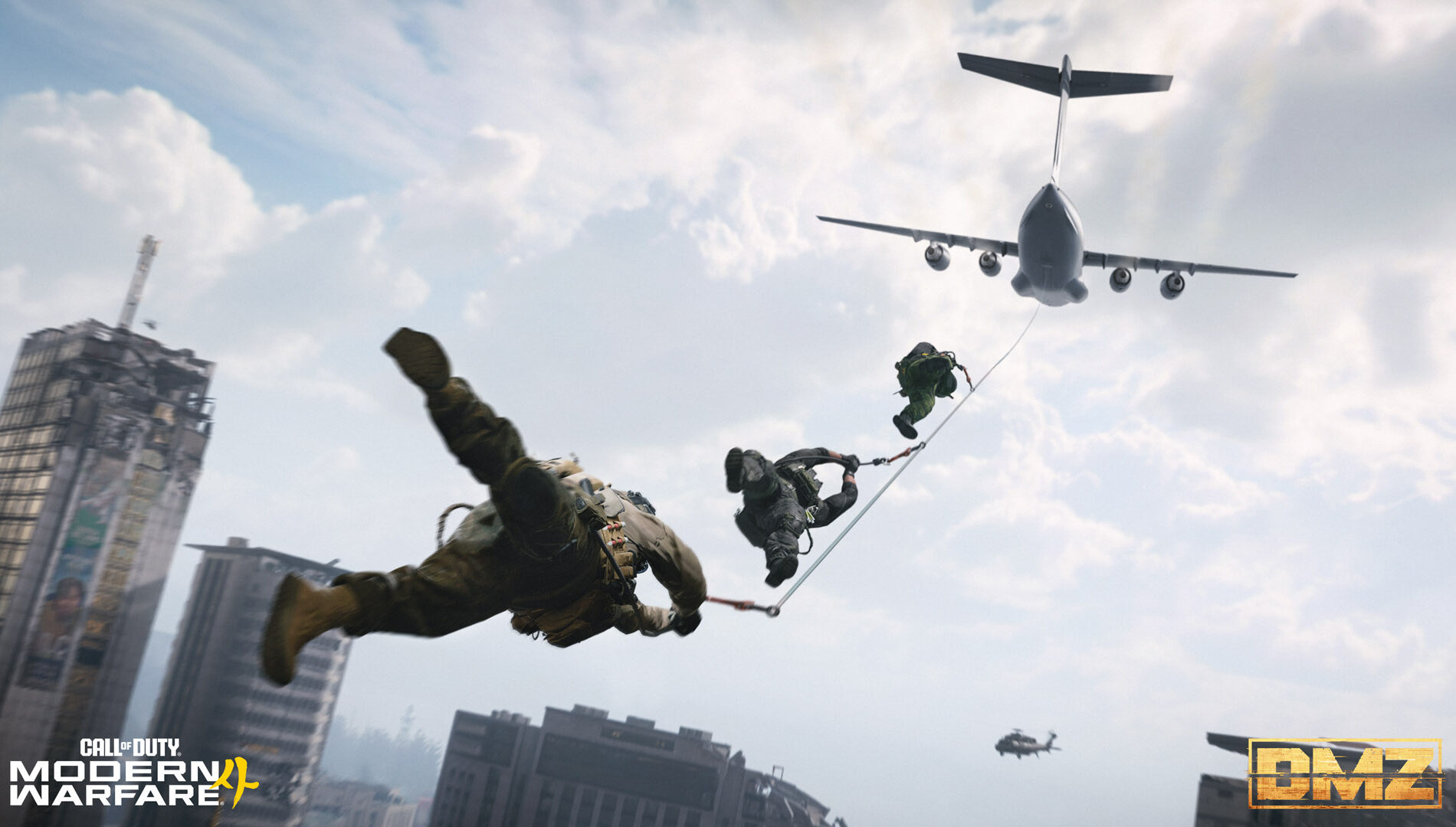 Operatori di Call of Duty Modern Warfare 4 DMZ si calano da un velivolo su Hajin