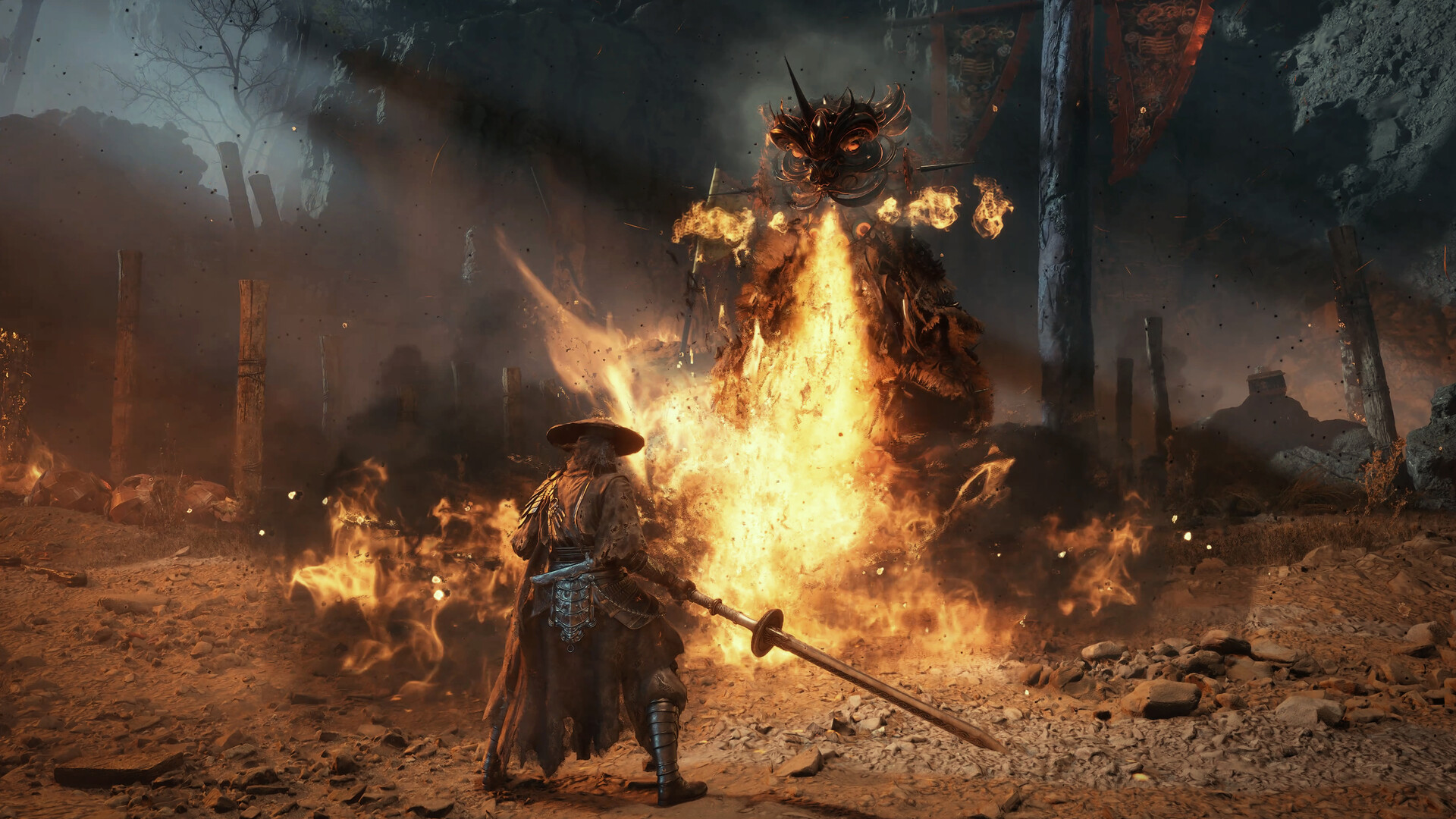 Soul affronta una creatura avvolta dalle fiamme in Phantom Blade Zero