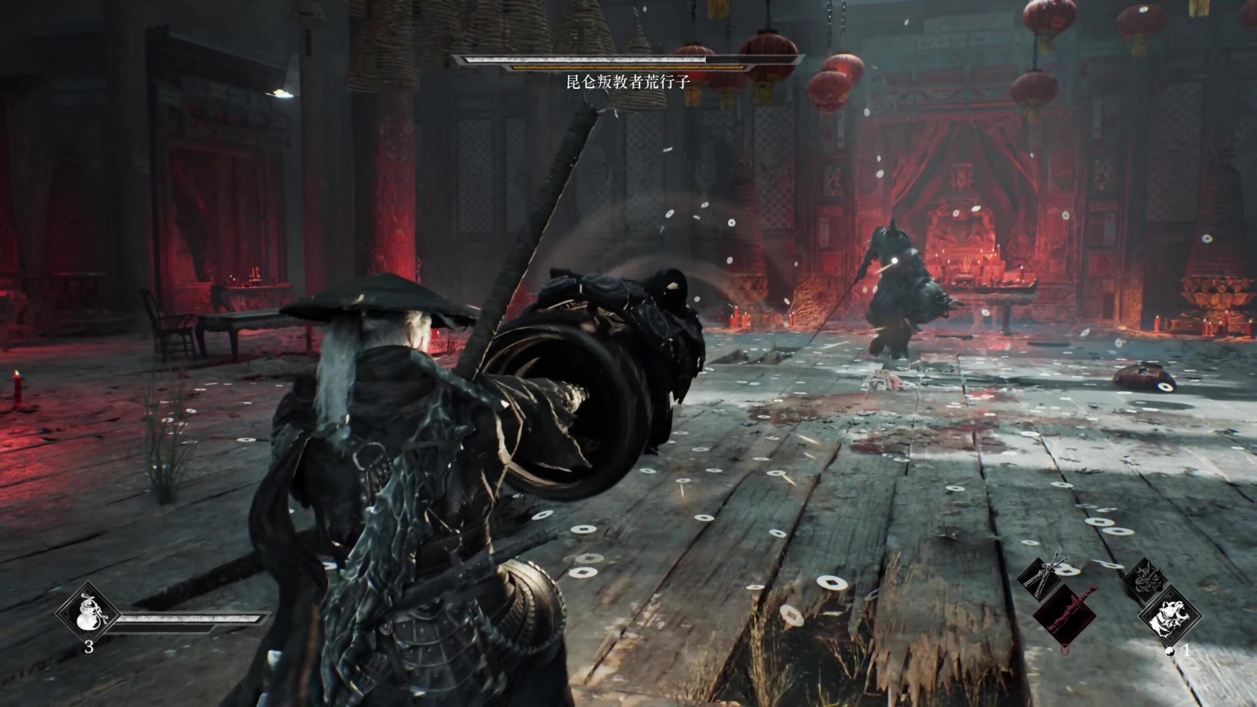 Schermata di gameplay di Phantom Blade Zero con Soul che affronta un nemico in un tempio illuminato da lanterne rosse