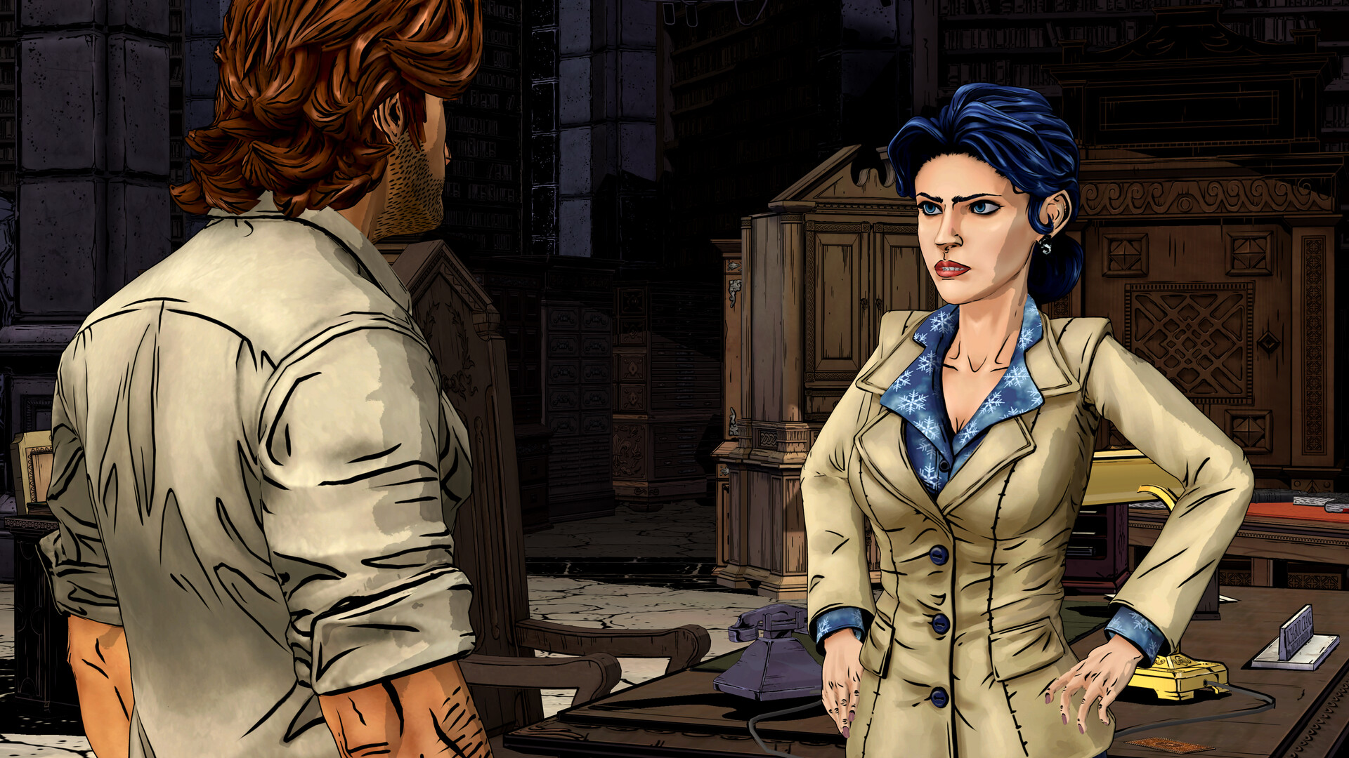 Scena di The Wolf Among Us Remastered con Biancaneve nell'ufficio di Fabletown