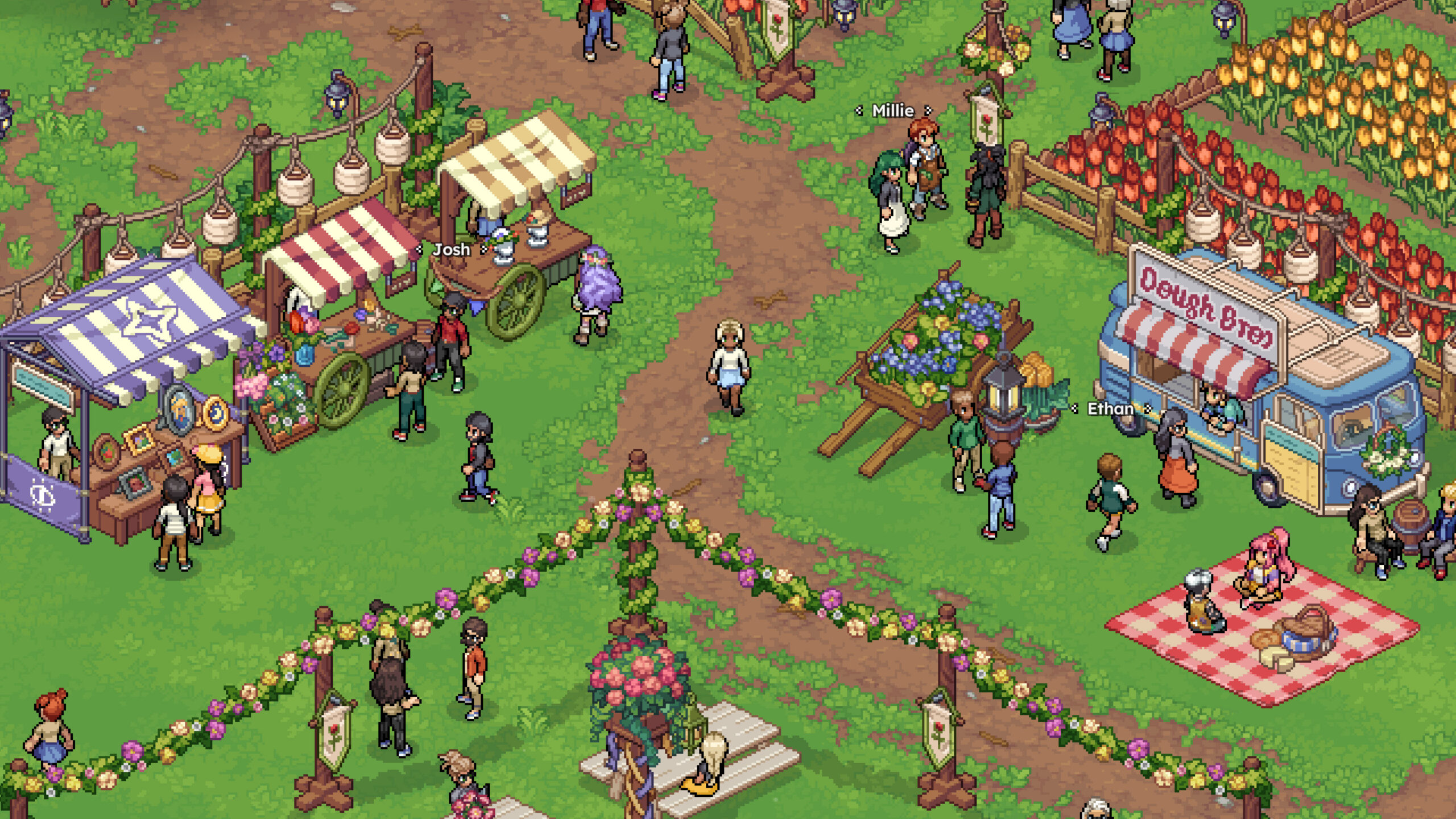 Witchbrook: festival cittadino a Mossport con bancarelle e personaggi in pixel art