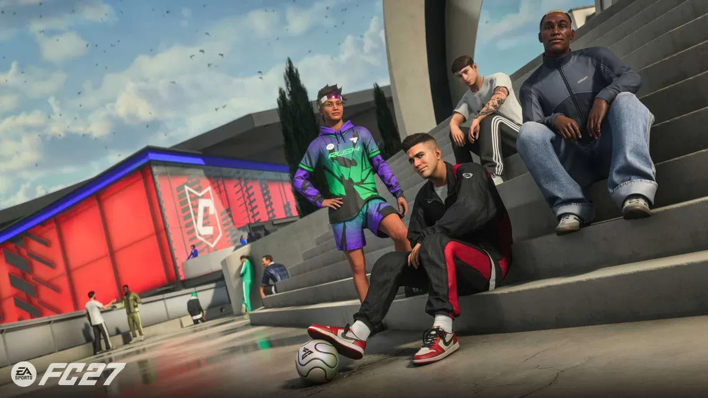 EA Sports FC 27, gruppo di personaggi davanti allo stadio nella presentazione del gioco