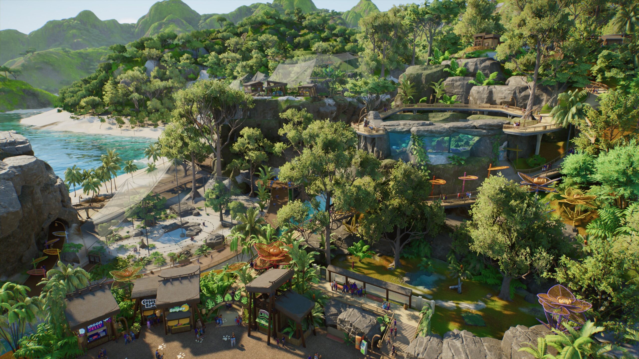 Planet Zoo 2, visitatori lungo i percorsi sopraelevati di uno zoo tropicale con negozi e spazi di osservazione