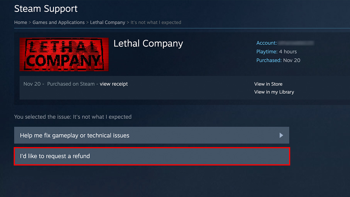 Schermata dell'assistenza Steam con l'opzione per richiedere un rimborso